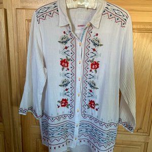 XL JOHNNY WAS GAUZE BUTTON-DOWN BLOUSE